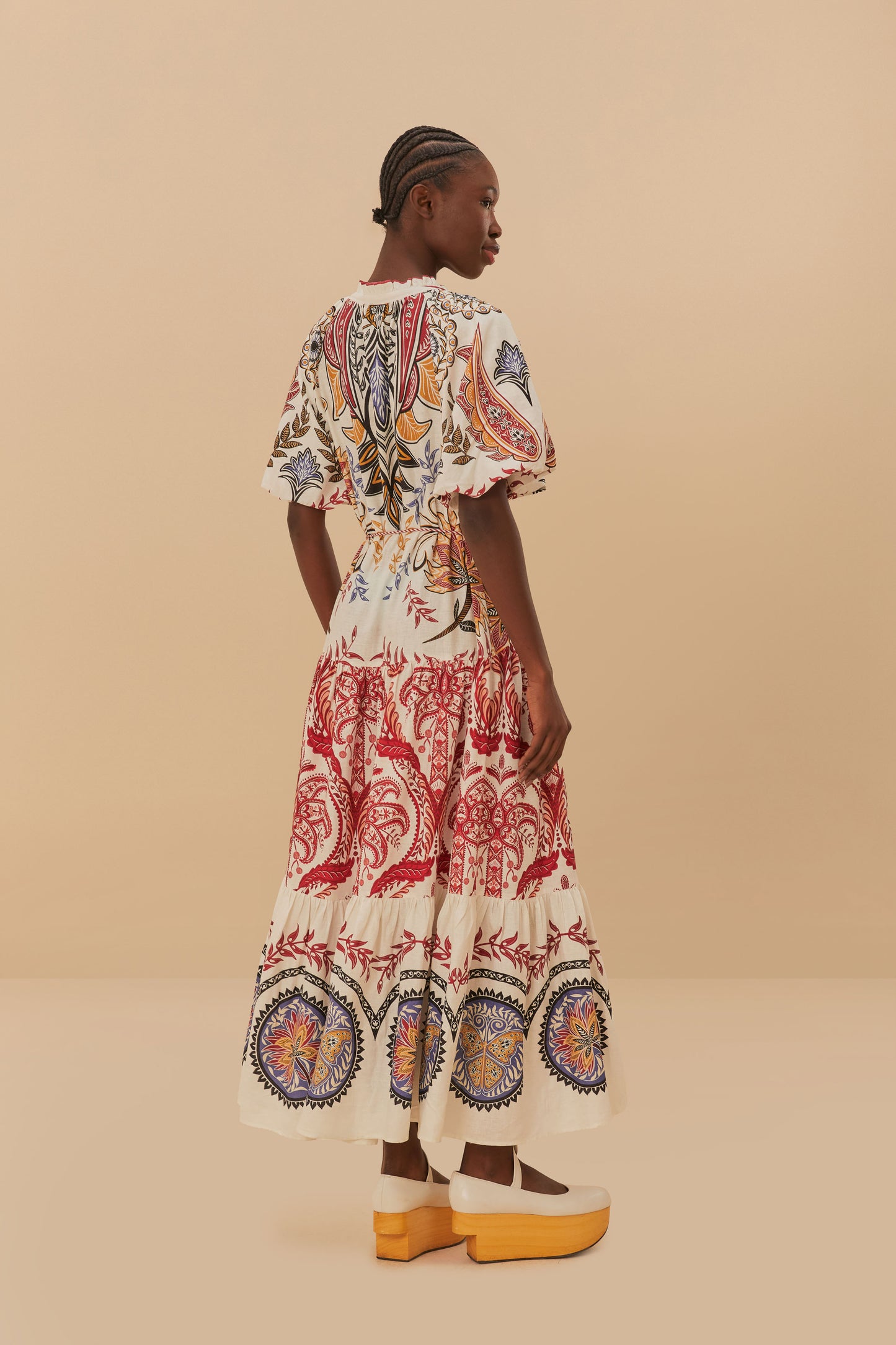 FARM Rio model wearing the Tropical Camafeu Boho Glam LENZING™ ECOVERO™ Euroflax™ Maxi Dress