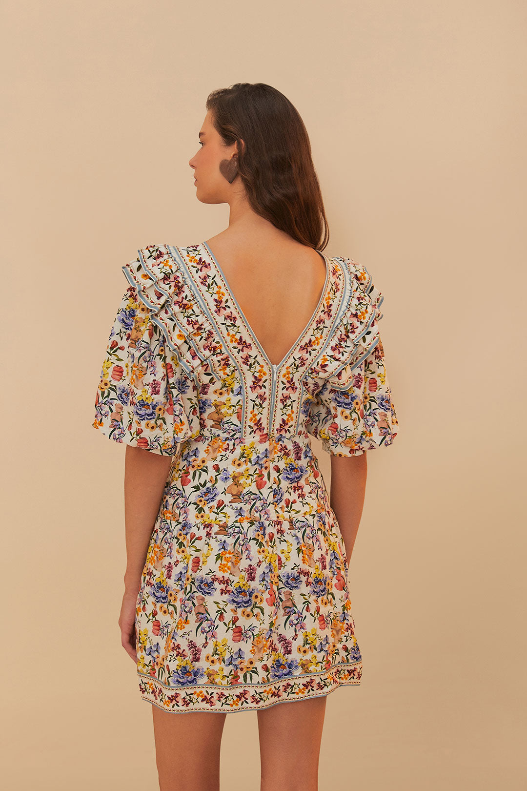 FARM Rio model wearing the Off-White Greek Garden LENZING™ ECOVERO™ Euroflax™ Mini Dress