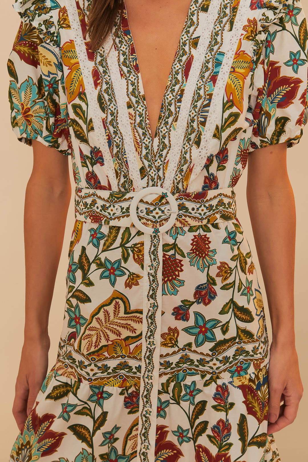 FARM Rio model wearing the Off-White Botanicals Belted Midi Dress