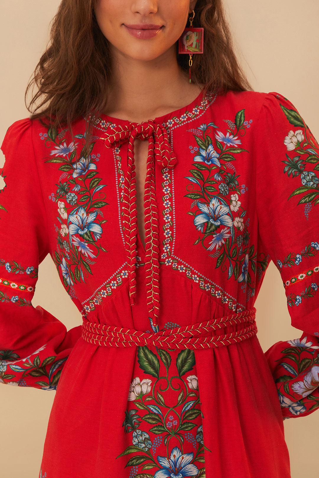 FARM Rio model wearing the Red Sweet Bloom Bouquet LENZING™ ECOVERO™ Euroflax™ Midi Dress