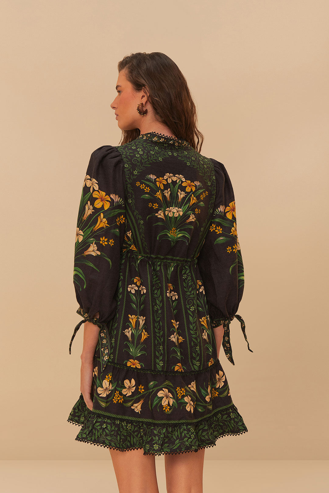 FARM Rio model wearing the Flowers Arch Black Mini Dress