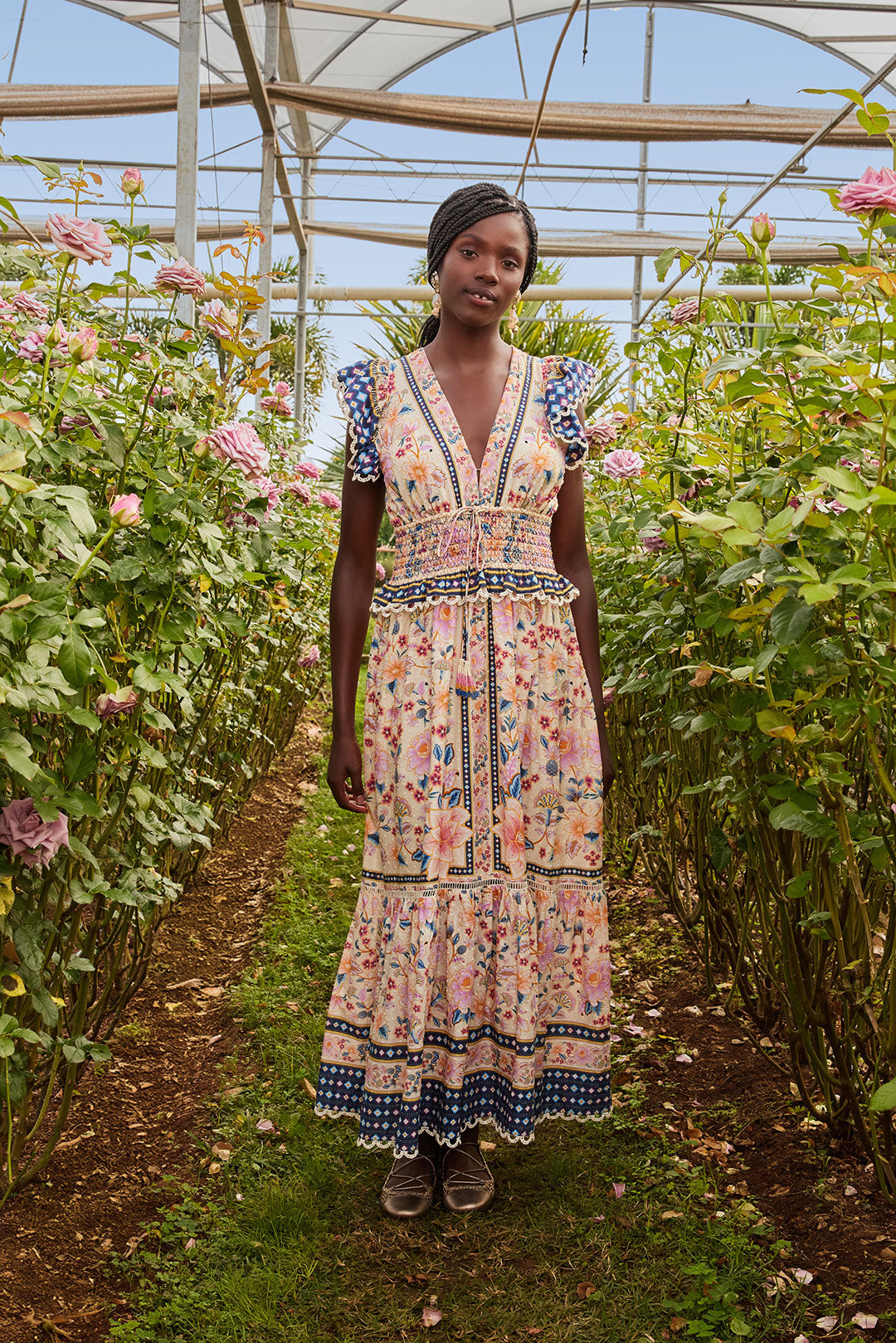 FARM Rio model wearing the Cream Superbloom Tapestry Maxi Dress