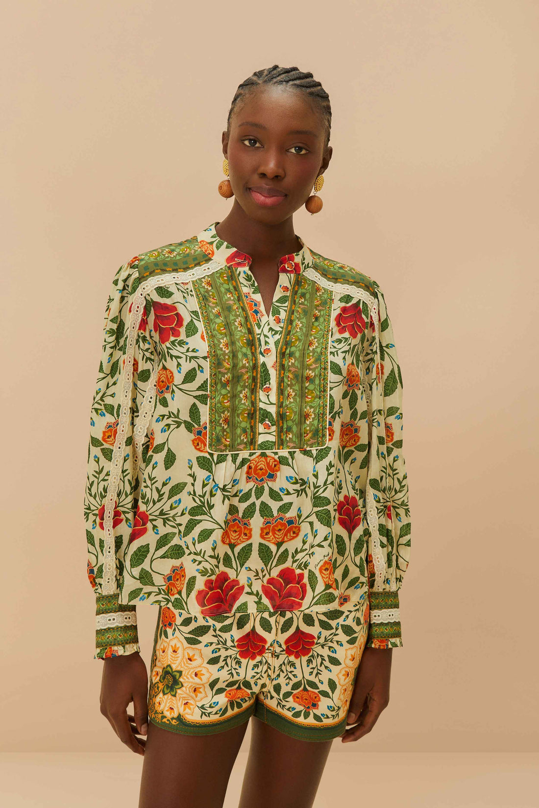 FARM Rio model wearing the Sand Garden Tapestry Blouse