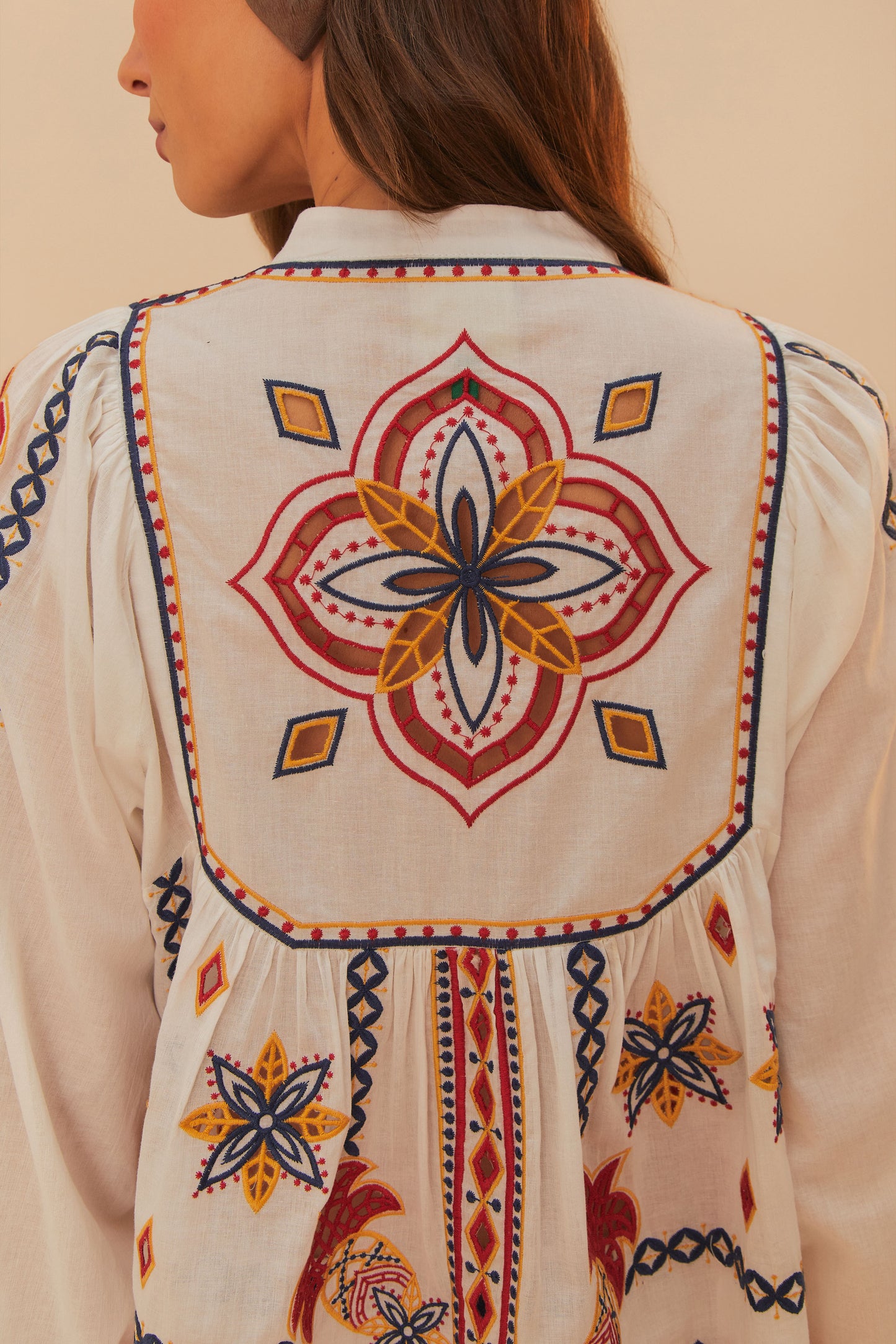 FARM Rio model wearing the Off-White Marys Tiles Embroidered Blouse