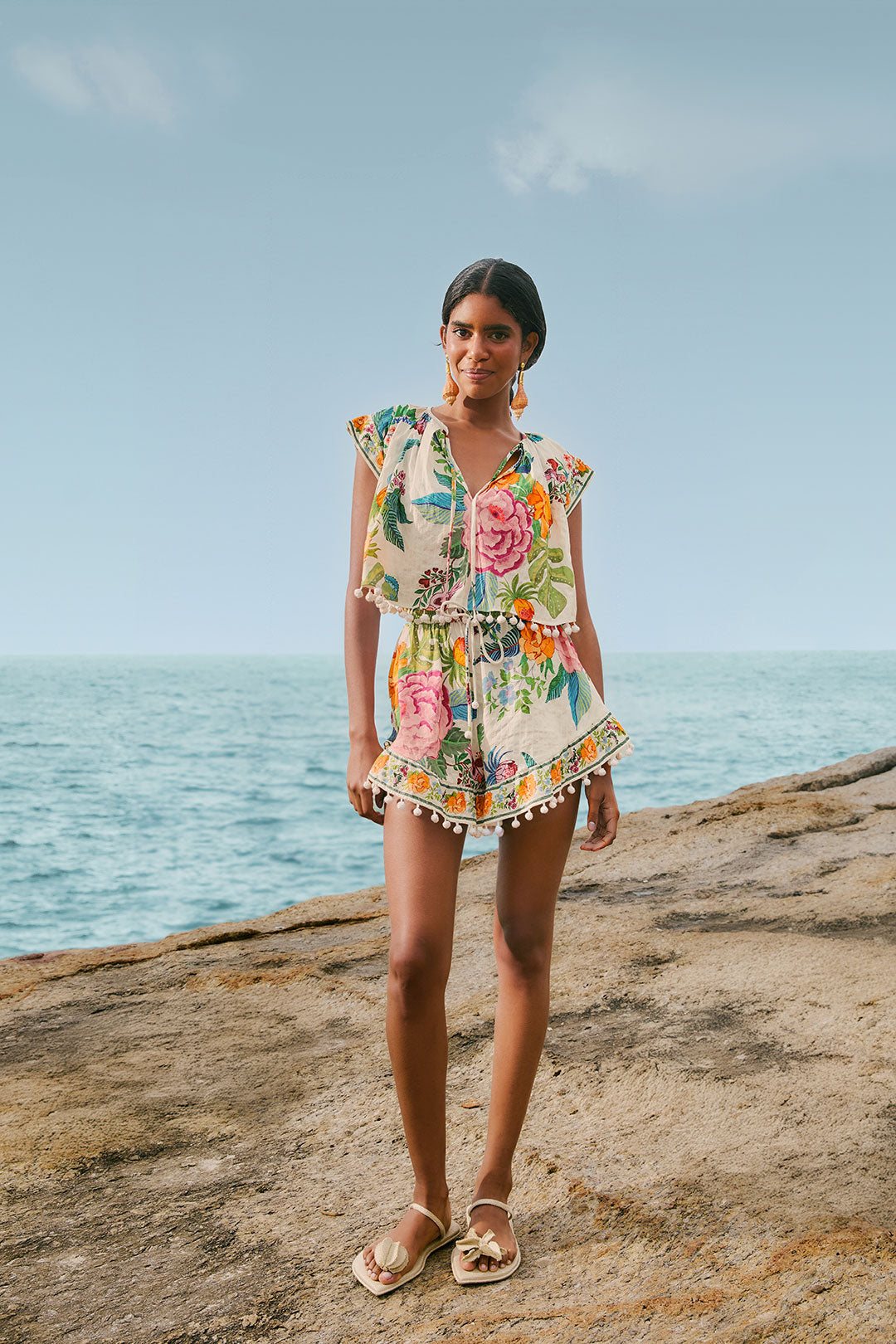 FARM Rio model wearing the Off-White Sweet Bloom Blouse