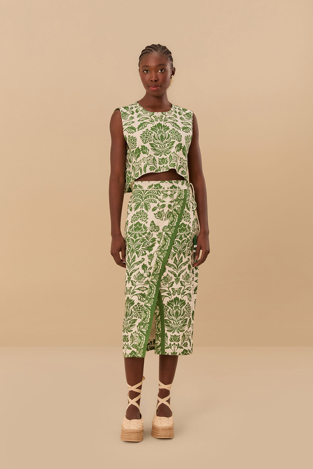 FARM Rio model wearing the Delicate Tapestry Green Midi Skirt