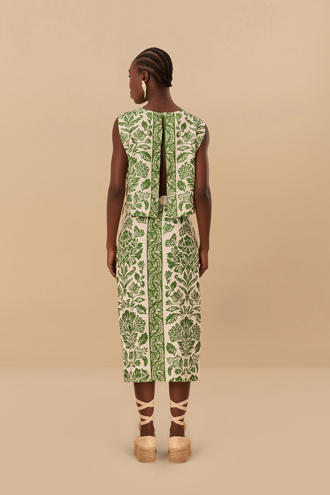 FARM Rio model wearing the Delicate Tapestry Green Midi Skirt
