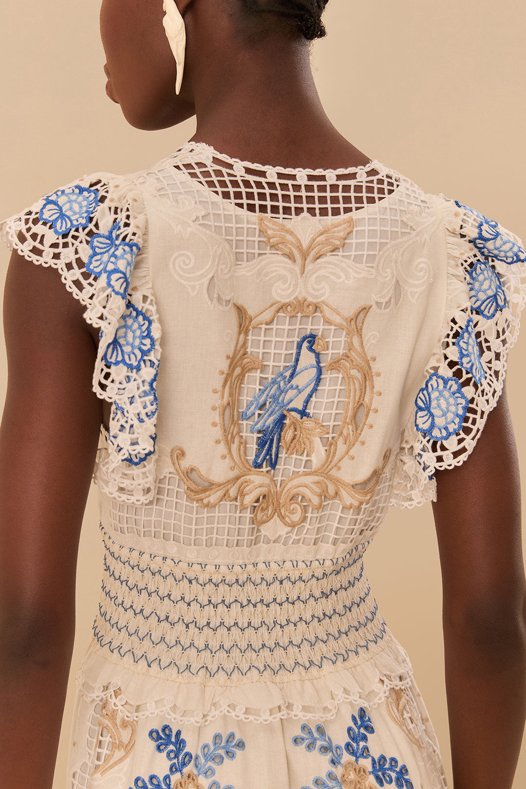 FARM Rio model wearing the Off-White Romantic Richelieu LENZING™ ECOVERO™ Euroflax™ Maxi Dress