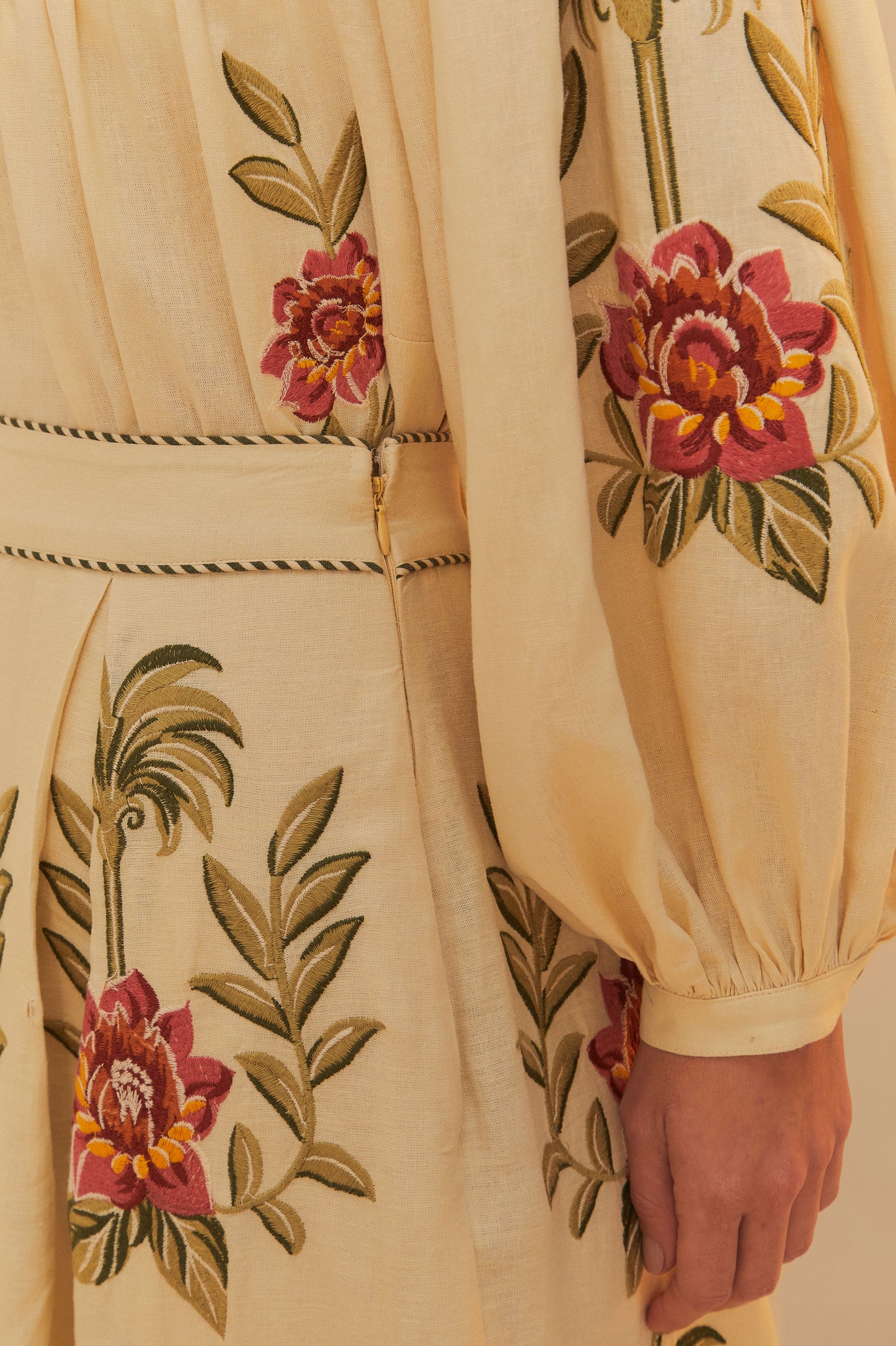 FARM Rio model wearing the Tropical Flower Embroidered Sand Maxi Skirt