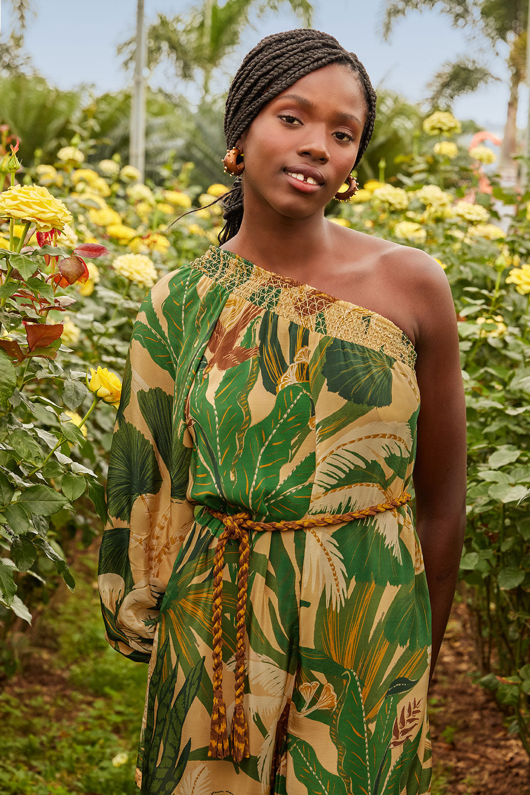 FARM Rio model wearing the Beige Tropical Isla One-Shoulder Jumpsuit