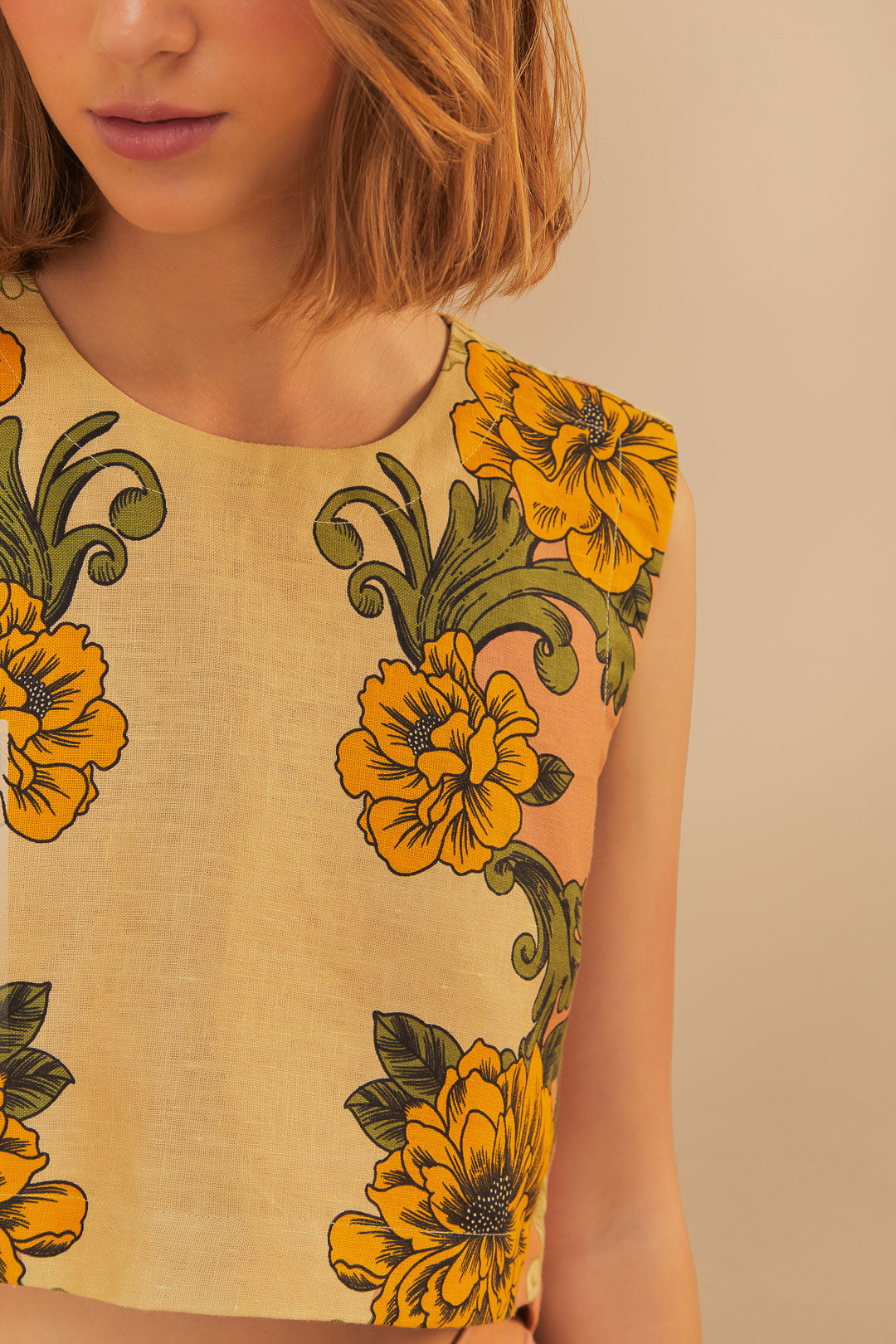Pink Delicate Flower Arabesques Euroflax™ Premium Linen Crop Top