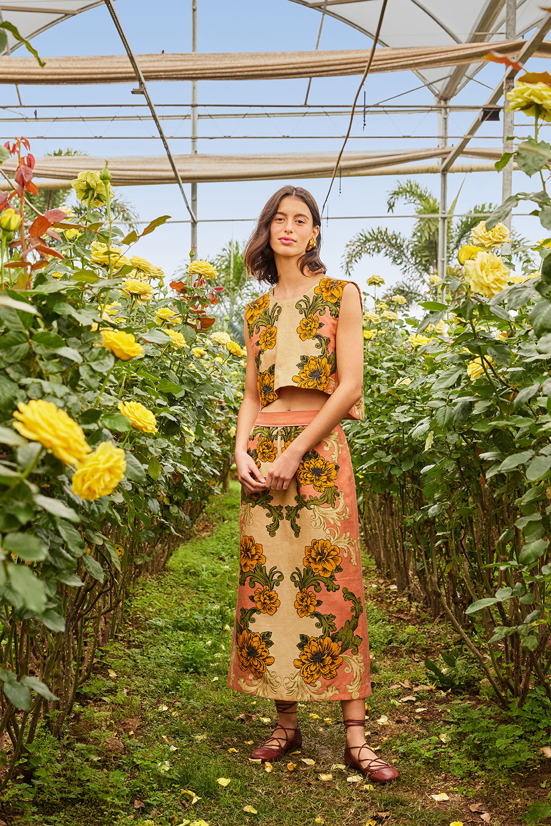 FARM Rio model wearing the Pink Delicate Flower Arabesques Euroflax™ Premium Linen Midi Skirt