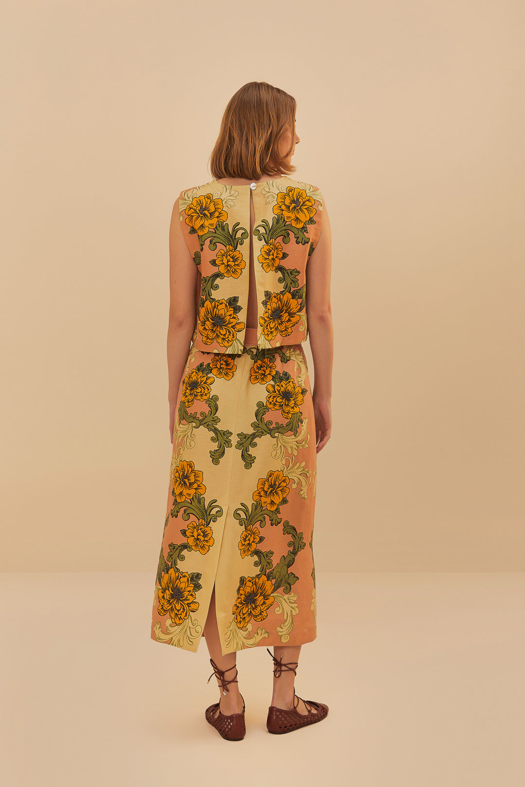 Pink Delicate Flower Arabesques Euroflax™ Premium Linen Midi Skirt
