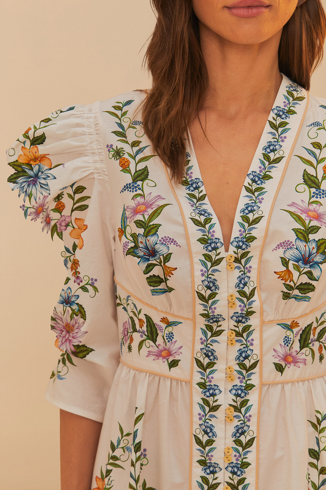 FARM Rio model wearing the Off-White Sweet Bloom Dreamscape Organic Cotton Mini Dress