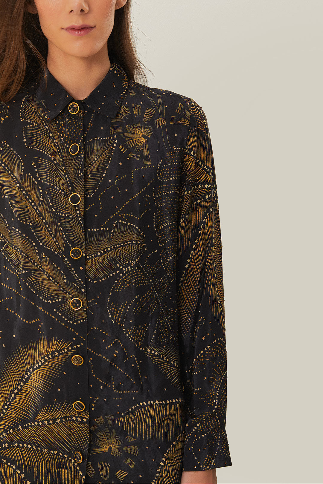 FARM Rio model wearing the Golden Foliage Black Pajama Shirt