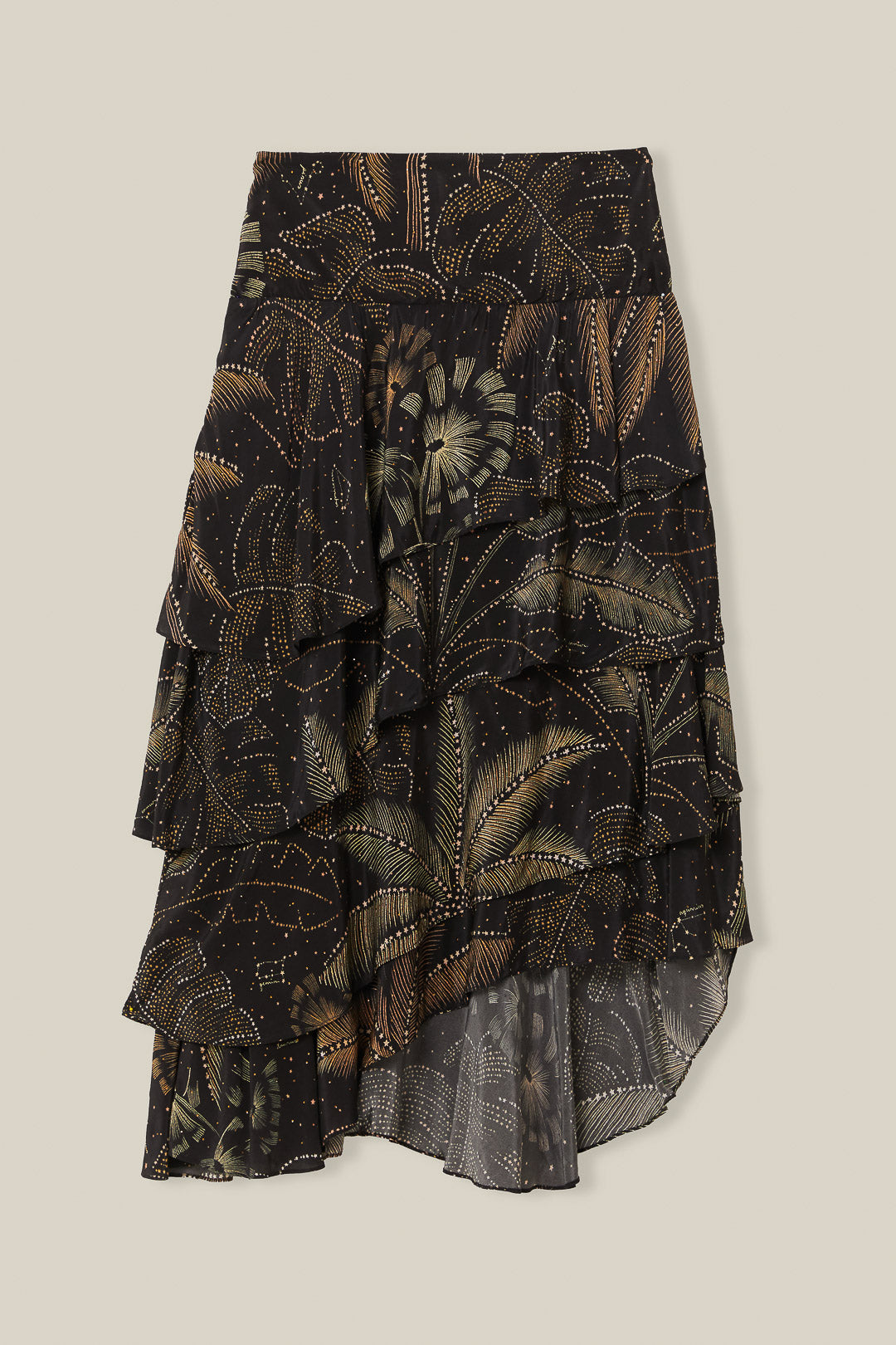 FARM Rio model wearing the Golden Foliage Black Ruffled Skirt