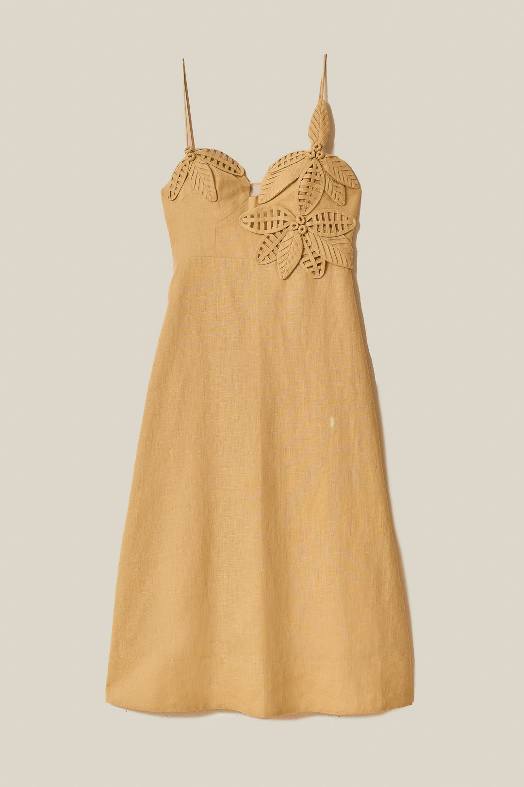 FARM Rio model wearing the Sand 3D Flower Bodice Midi Dress