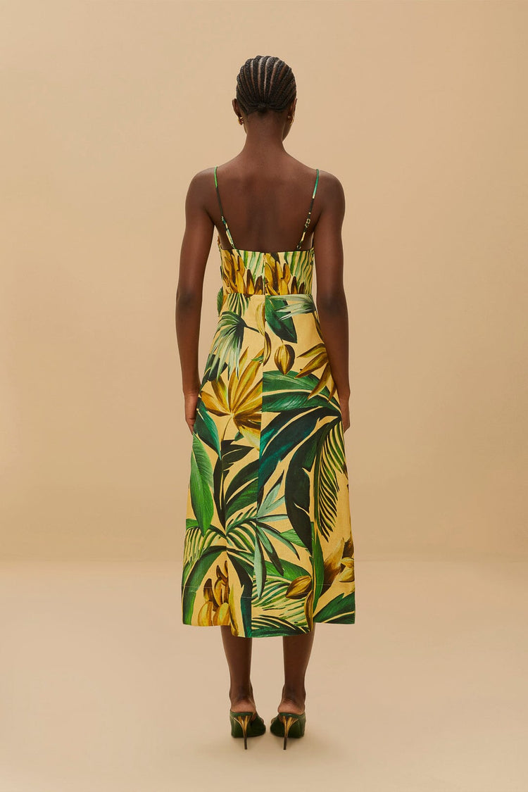 FARM Rio model wearing the Yellow Bananart 3D Bodice Midi Dress