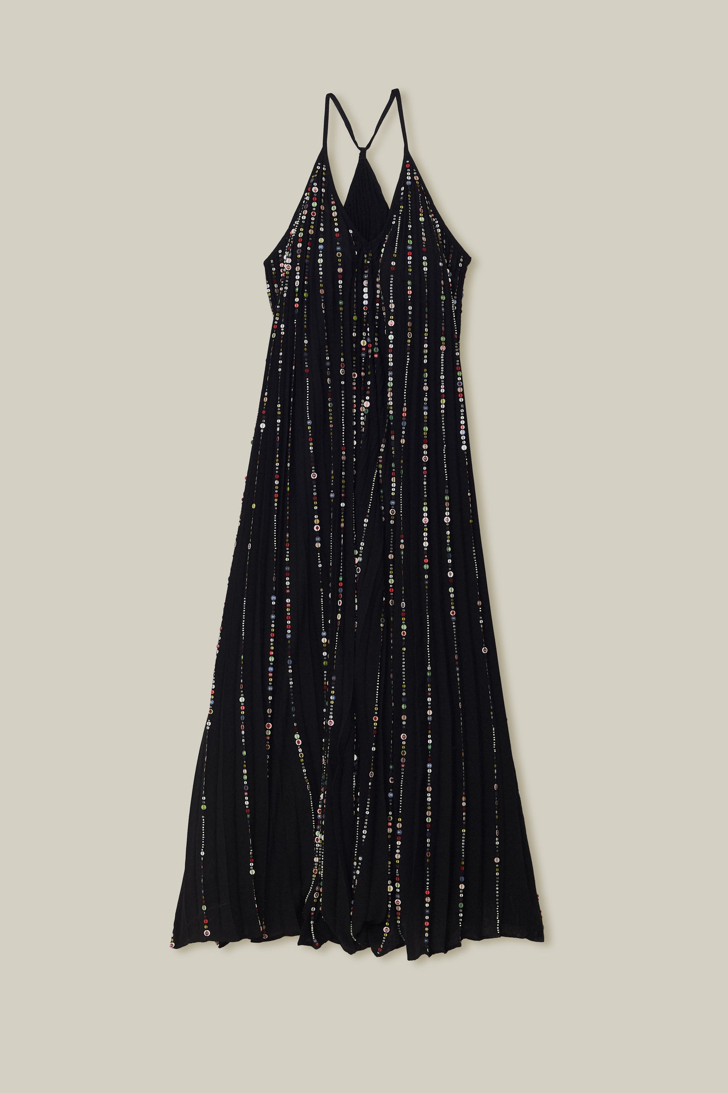 FARM Rio model wearing the Black Embroidered Stones Pleated Midi Dress