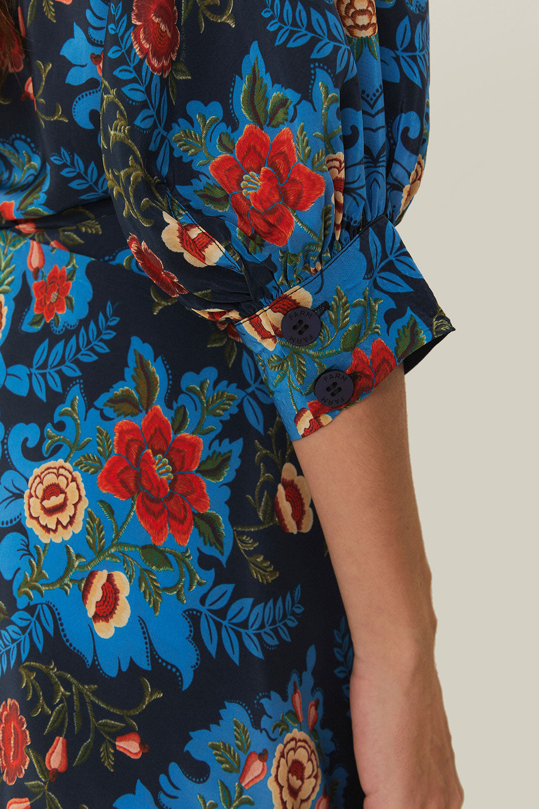 FARM Rio model wearing the Blue Arabesque Floral Midi Dress