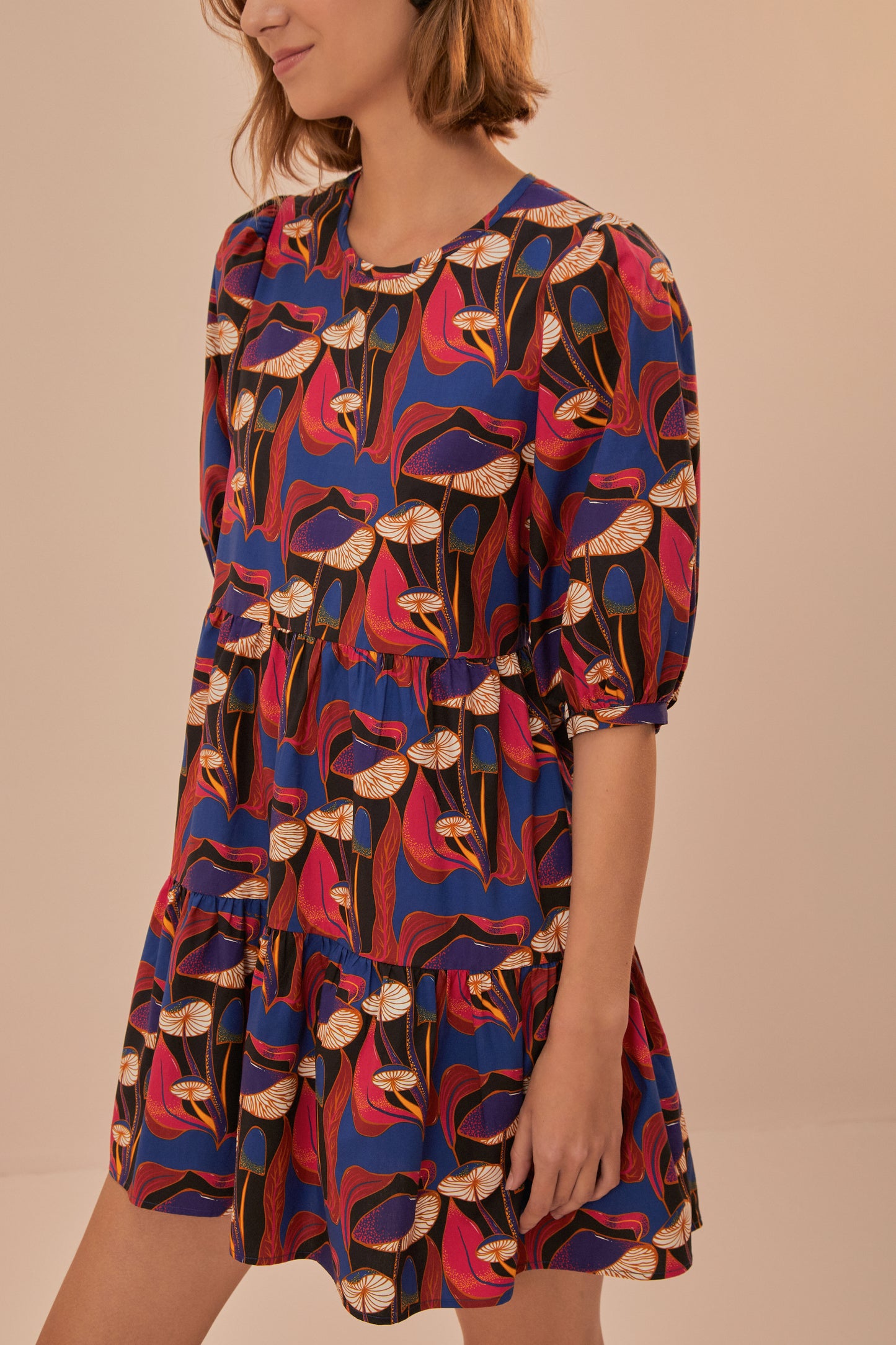 FARM Rio model wearing the Wild Mushrooms Black Puff Sleeve Mini Dress