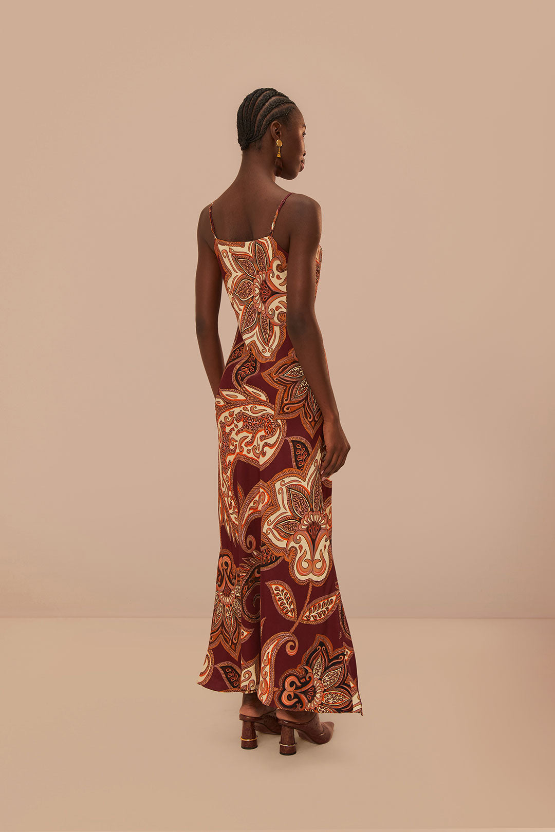 FARM Rio model wearing the Leopard Paisley Burgundy Maxi Slip Dress