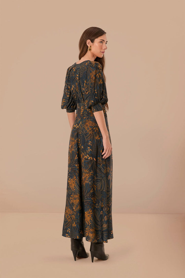 FARM Rio model wearing the Dotted Forest Teal Maxi Dress