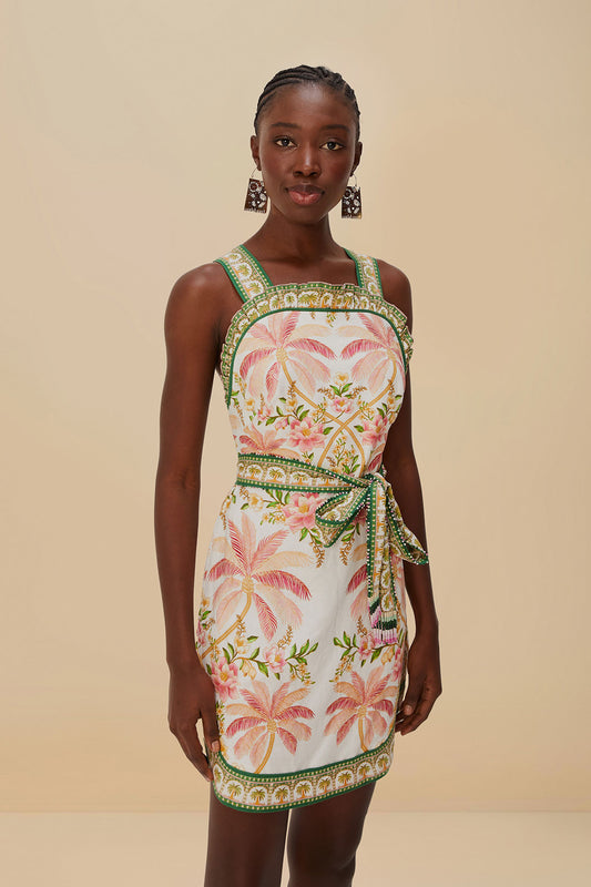 FARM Rio model wearing the Palm Dream Off-White Sleeveless Angled Mini Dress