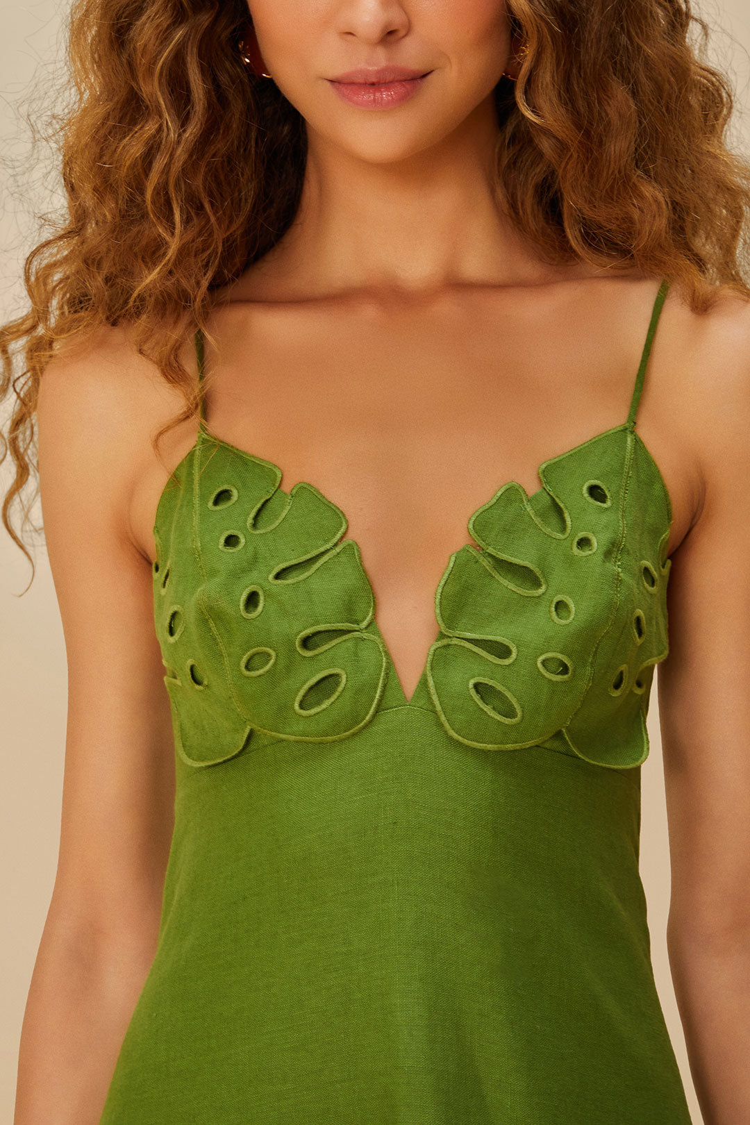 Green Monstera Embroidery Midi Dress