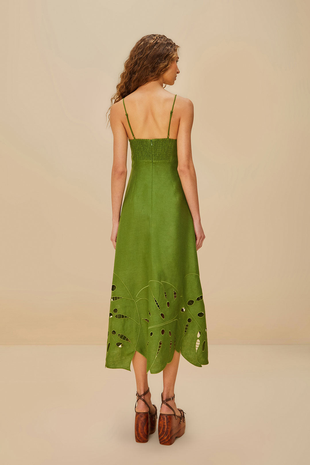 Green Monstera Embroidery Midi Dress