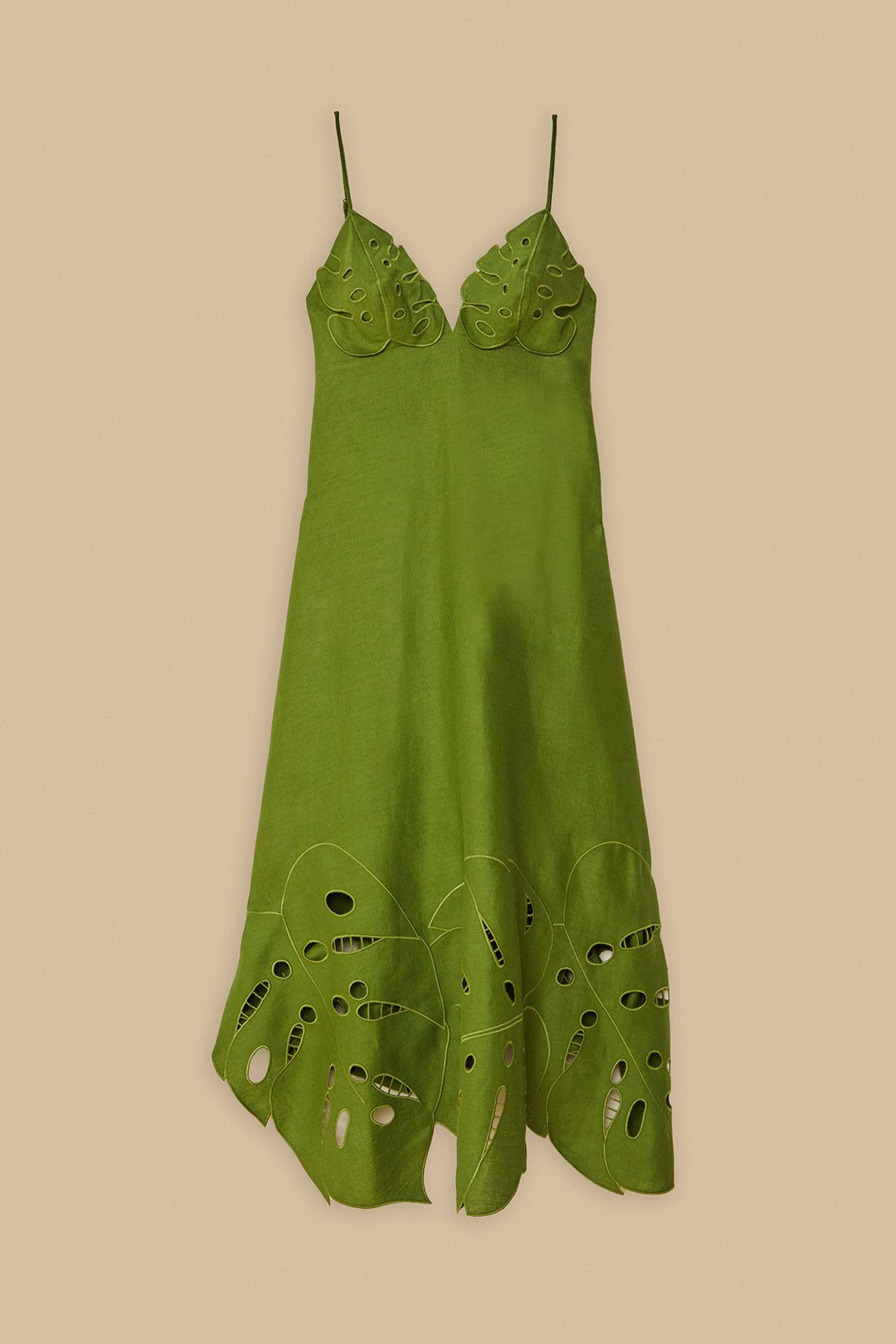 Green Monstera Embroidery Midi Dress