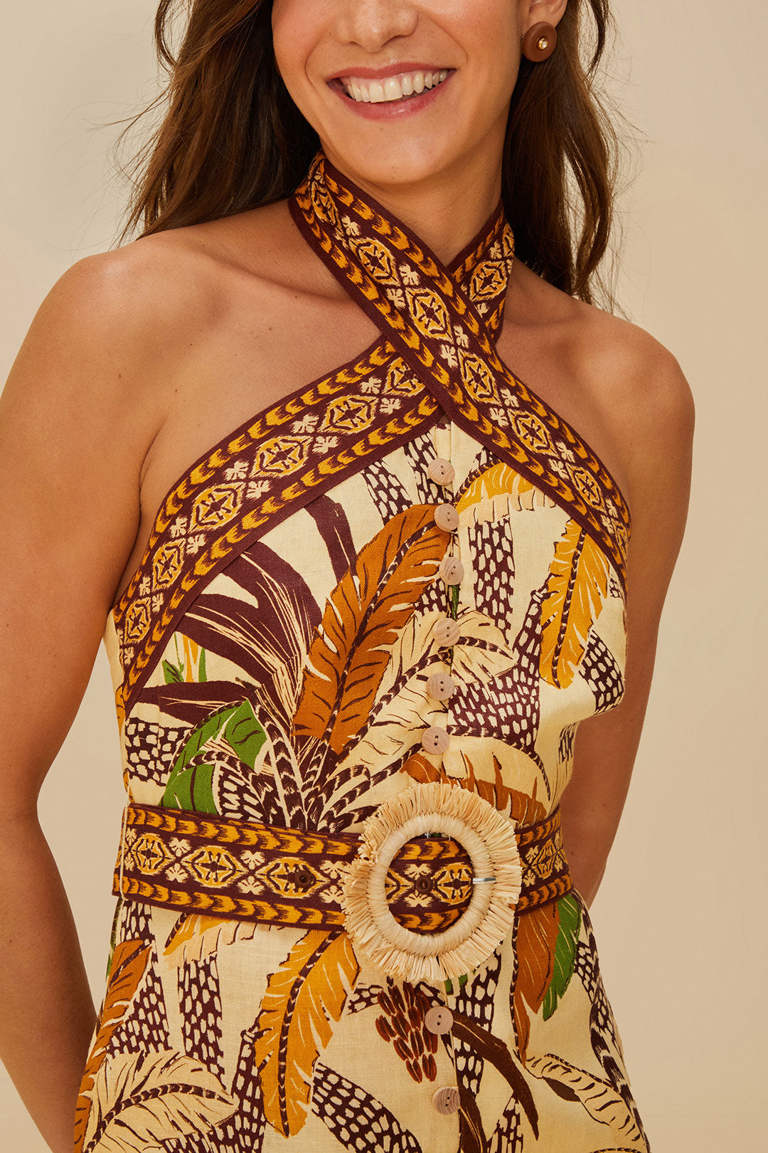 Foliage Sketch Sand Halter Neck Mini Dress