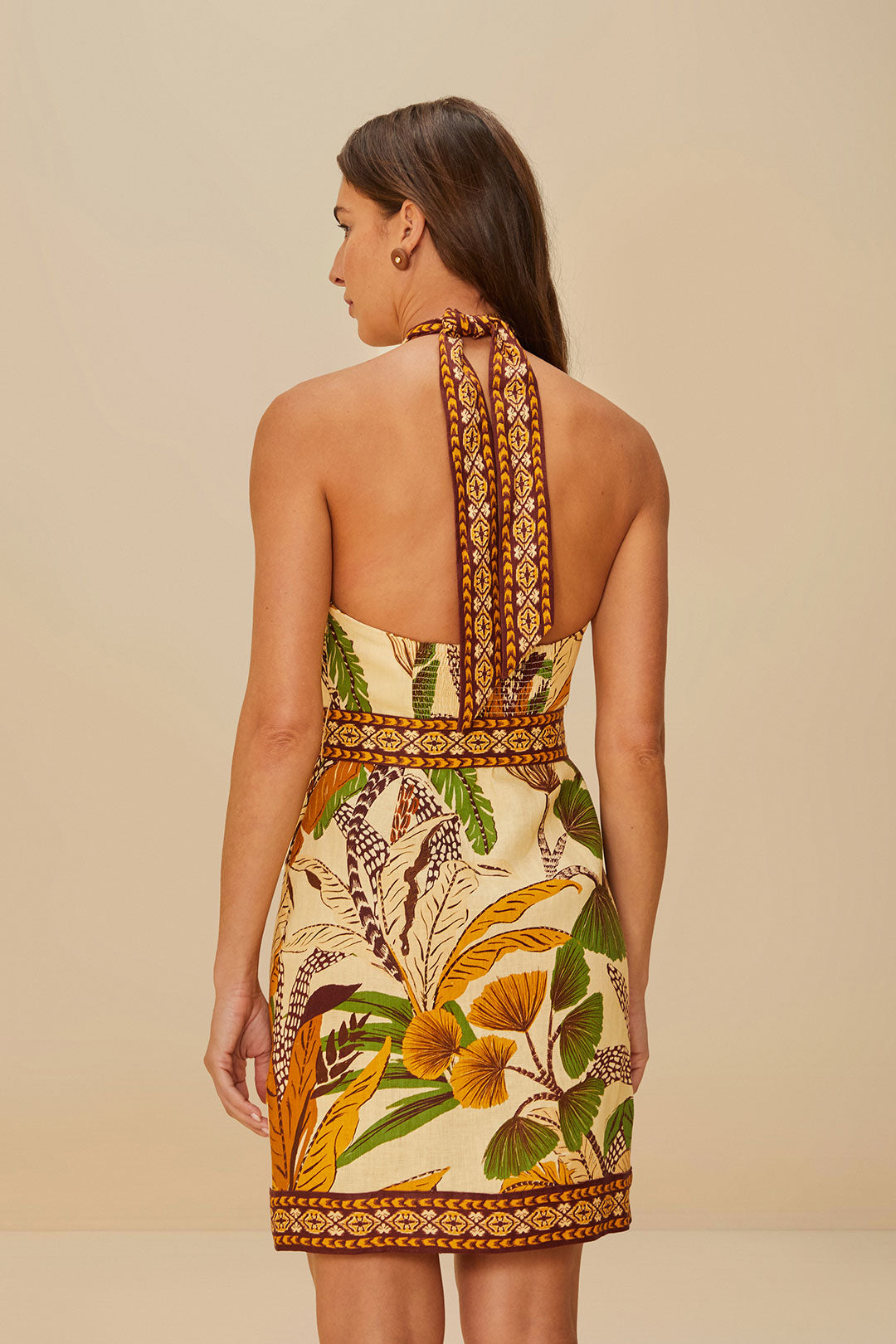 Foliage Sketch Sand Halter Neck Mini Dress
