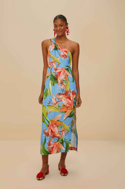 FARM Rio model wearing the Blue Lily Bloom Euroflax™ Premium Linen Midi Dress