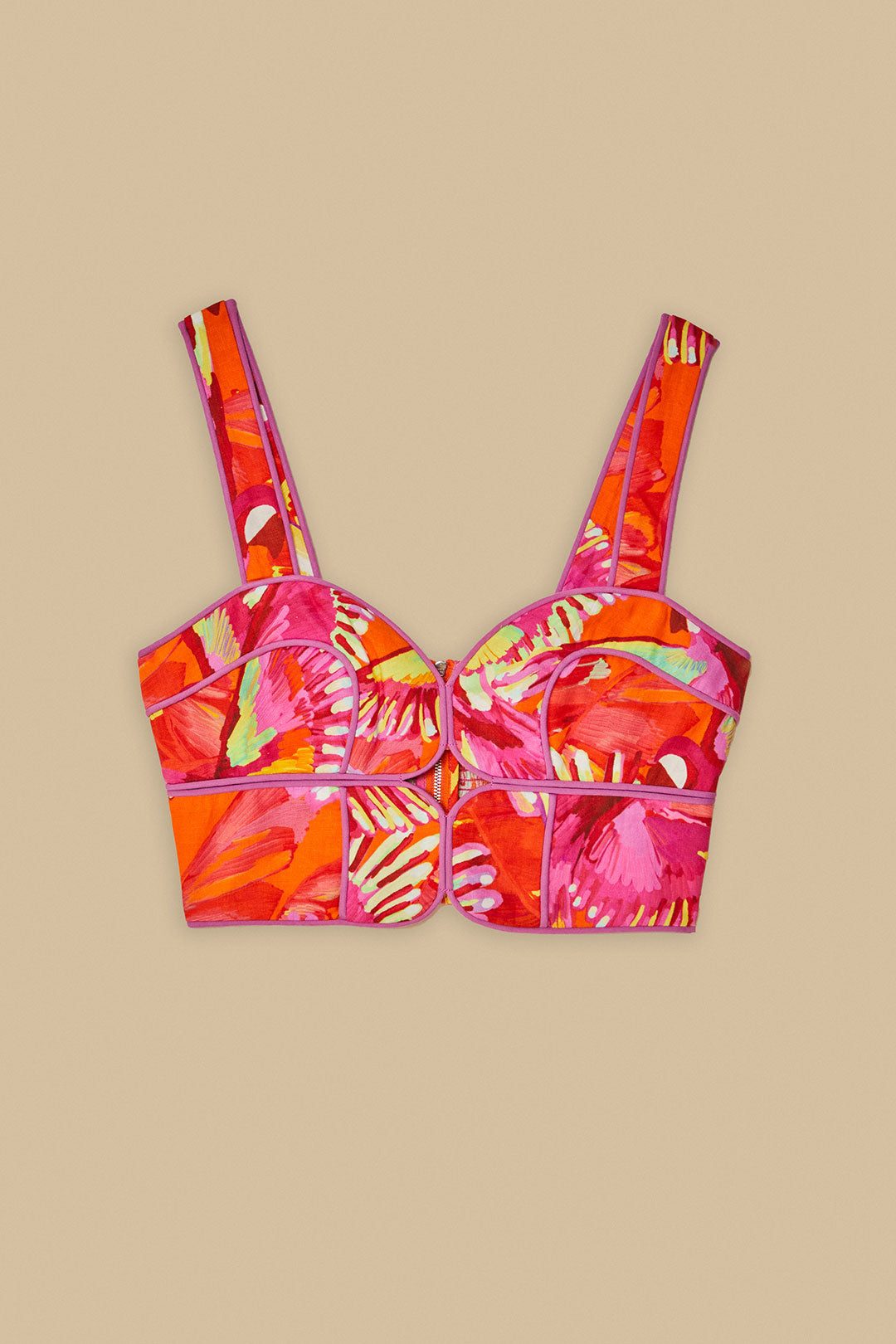 FARM Rio model wearing the Flying Birds Orange Framed Top