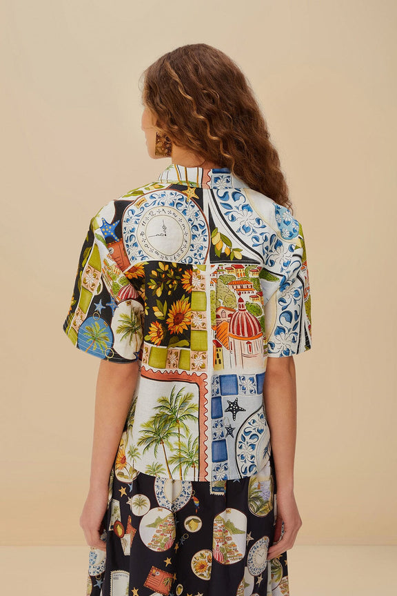 Multicolor Latin Trip Scarves Euroflax™ Premium Linen Crop Shirt