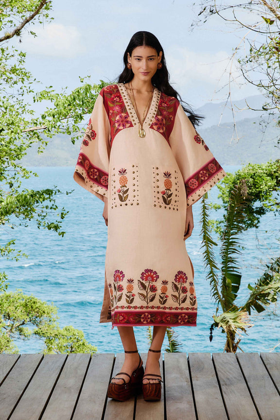 Nature Embroidered Cream V Neckline Tunic Maxi Dress