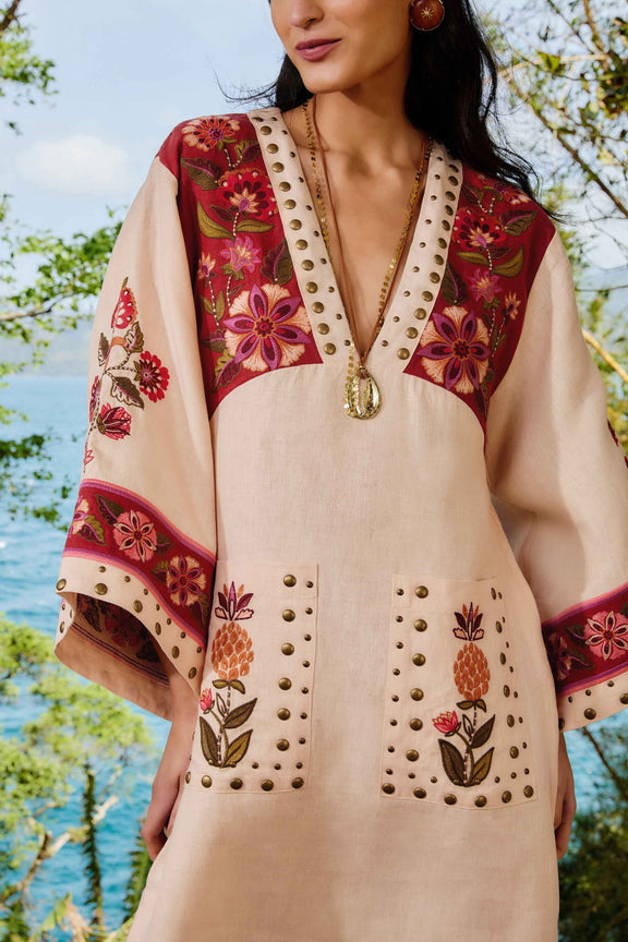 Nature Embroidered Cream V Neckline Tunic Maxi Dress