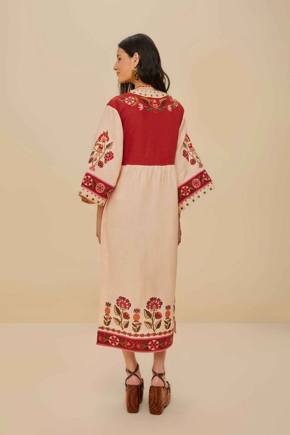 Nature Embroidered Cream V Neckline Tunic Maxi Dress