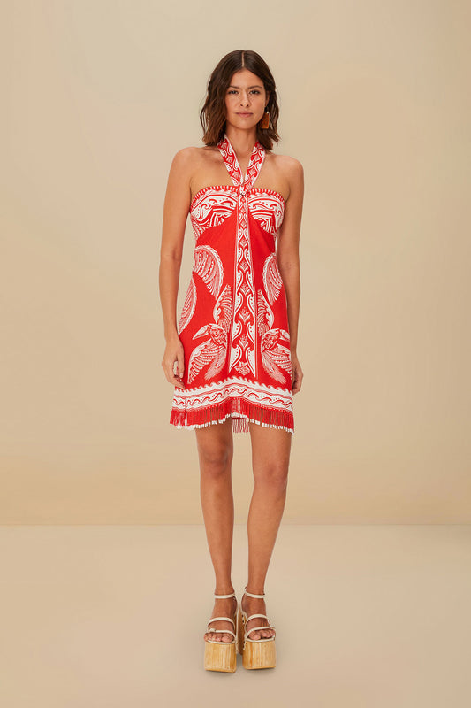 FARM Rio model wearing the Red Majestic Coconut Tree Euroflax™ Premium Linen Mini Dress