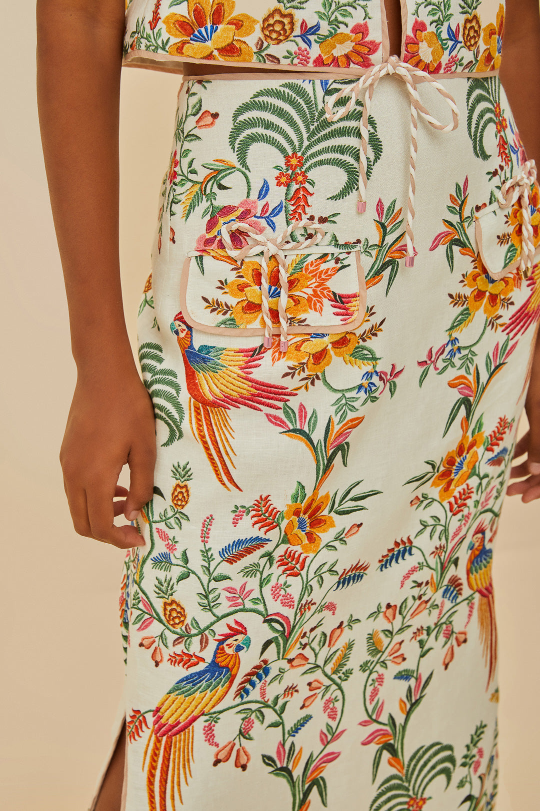 FARM Rio model wearing the Off-White Delicate Forest Euroflax™ Premium Linen Midi Skirt