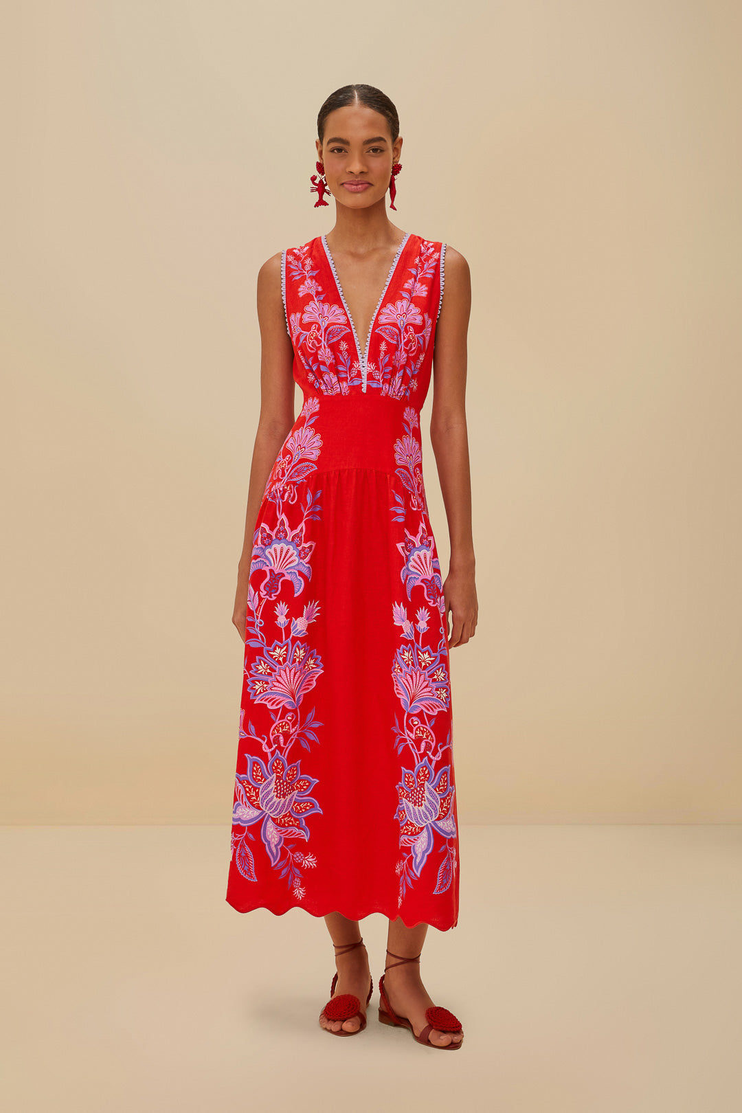 Red Porcelain Garden Euroflax ™ Premium Linen Midi Dress
