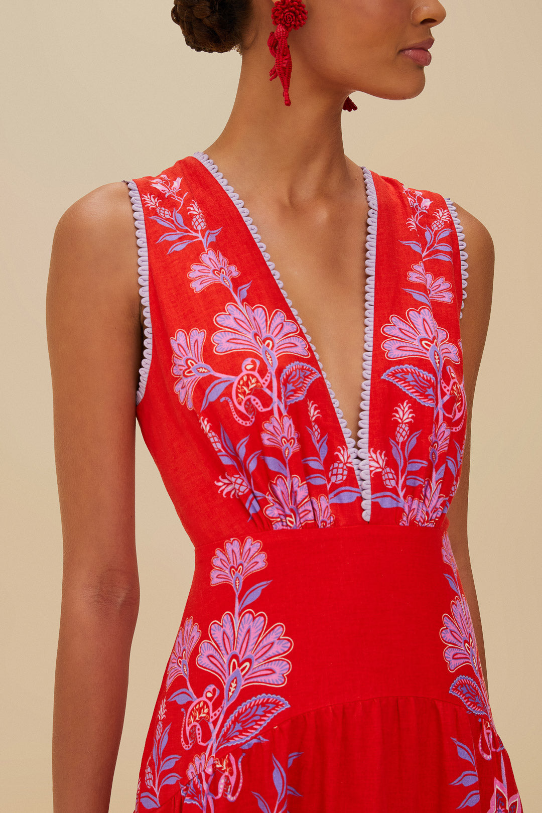 FARM Rio model wearing the Red Porcelain Garden Euroflax™ Premium Linen Midi Dress