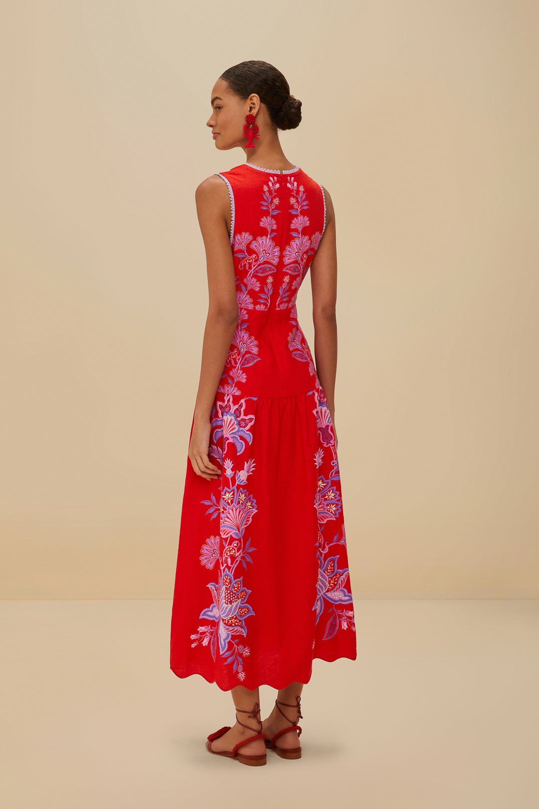 FARM Rio model wearing the Red Porcelain Garden Euroflax™ Premium Linen Midi Dress