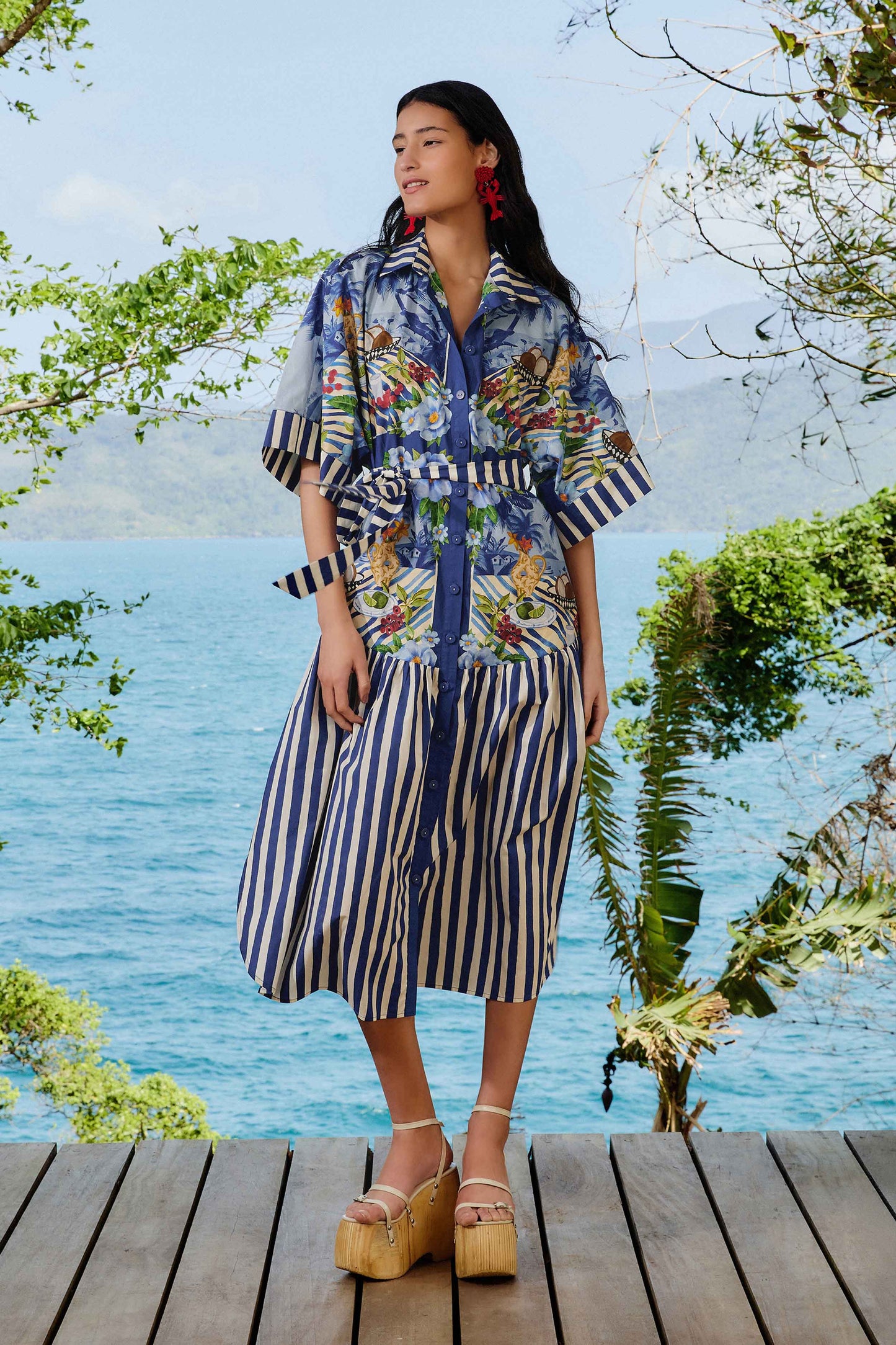 FARM Rio model wearing the Blue Fresh Table Scarf Organic Cotton Midi Dress