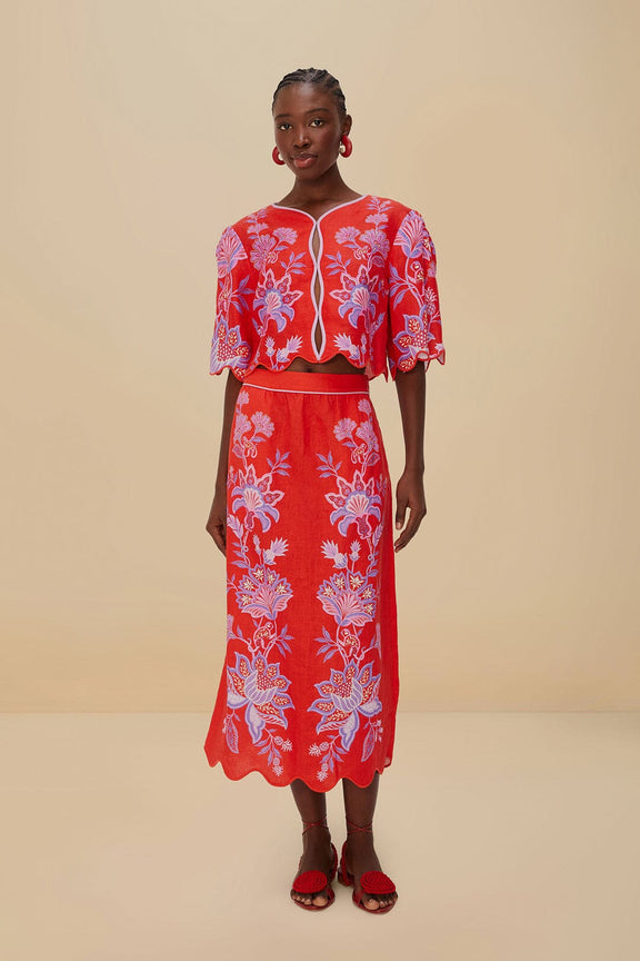 Red Porcelain Garden Euroflax ™ Premium Linen Midi Skirt