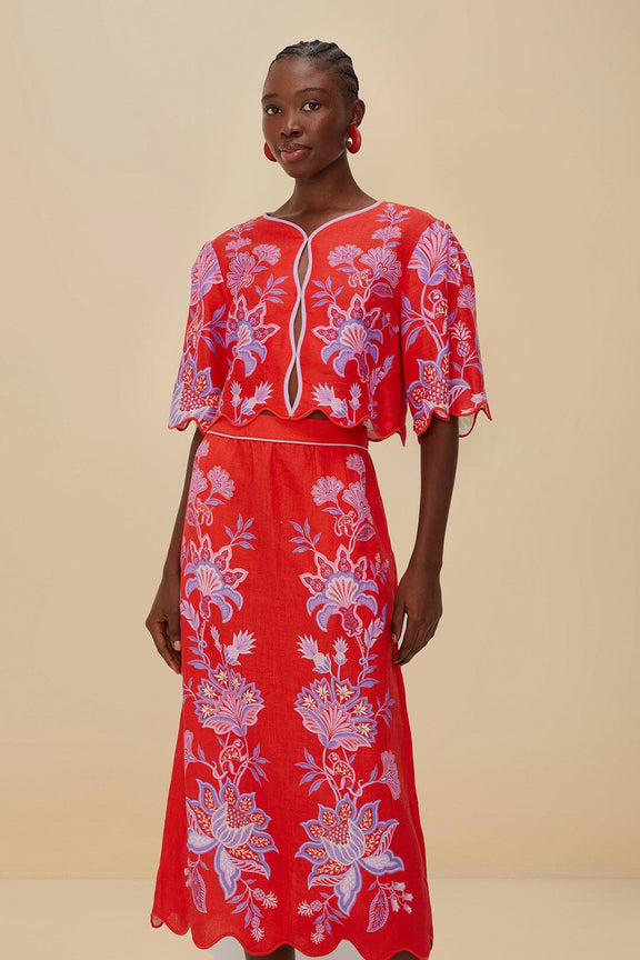 Red Porcelain Garden Euroflax ™ Premium Linen Midi Skirt