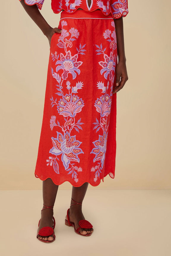 Red Porcelain Garden Euroflax ™ Premium Linen Midi Skirt