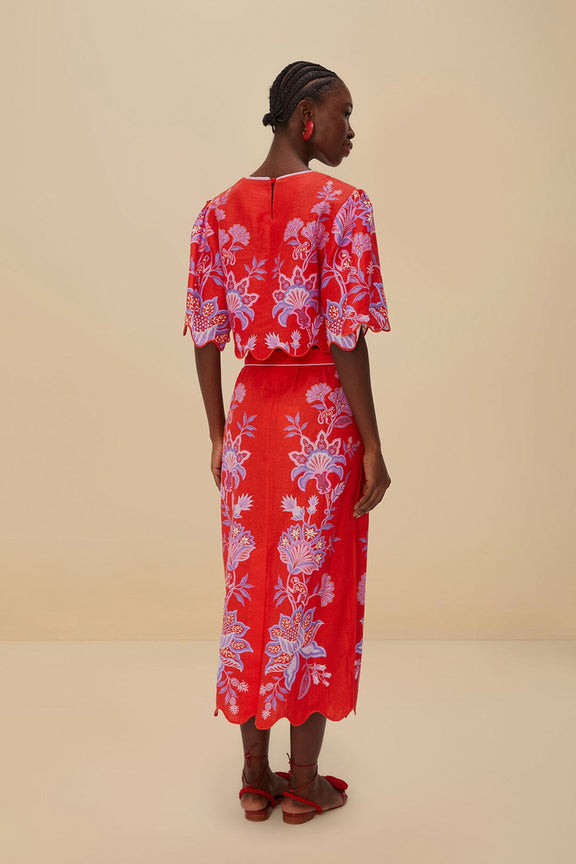 Red Porcelain Garden Euroflax ™ Premium Linen Midi Skirt