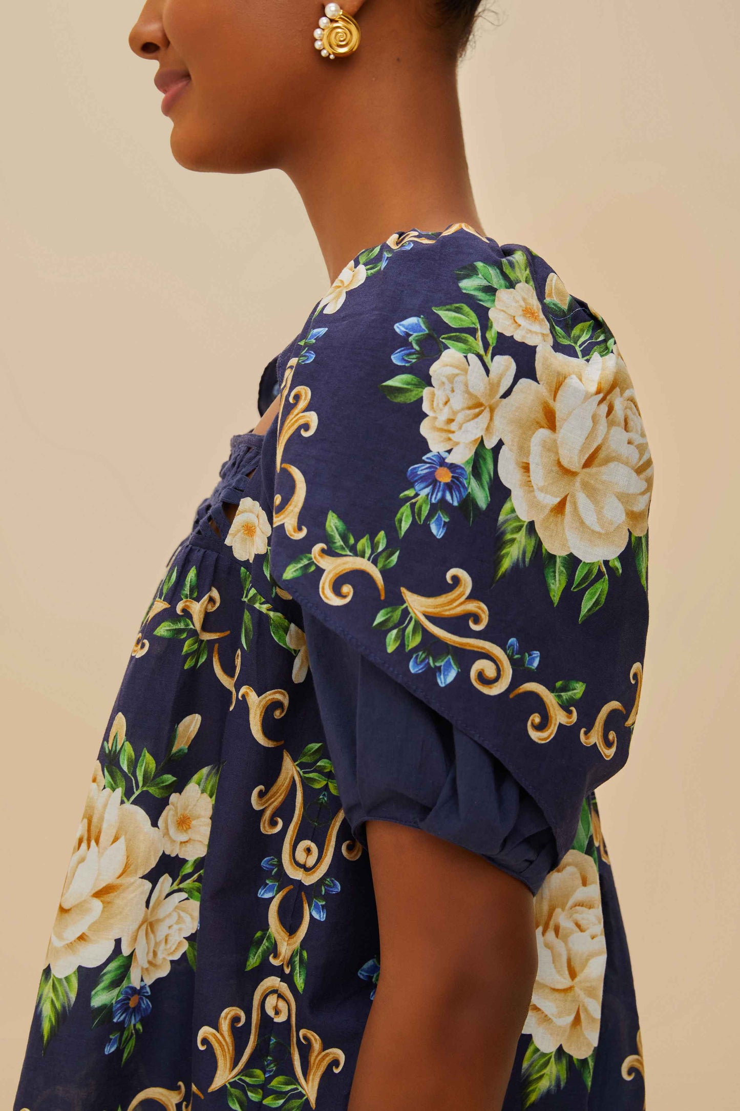 Flower Tapestry Blue Flowered Yoke Blouse